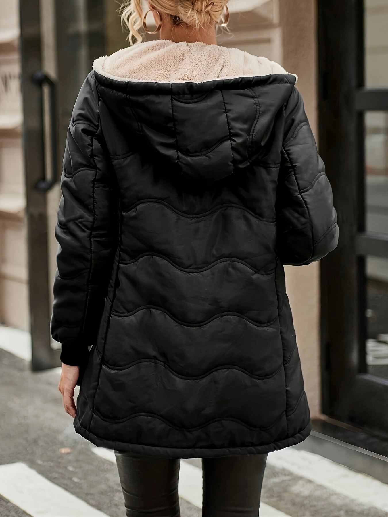 1pc Women'S Winter Warmth Casual Fleece-Lined Jacket with Zipper Pockets - Solid Color Polyester Woven Outerwear