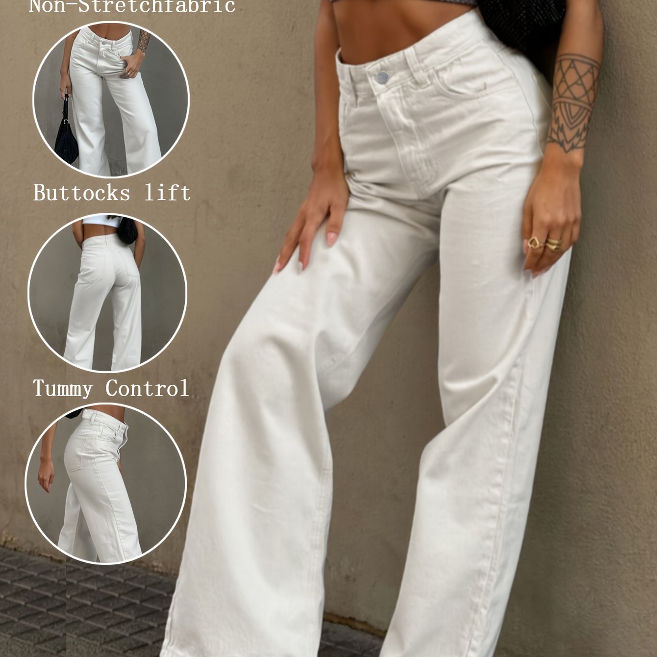Viscose Casual Straight Leg Երկար անթև կոճակ Fly Half Placket Միջին գոտկատեղի կանոնավոր հարմարեցում երկար երկարությամբ Weekend պատահական կանացի դասական սպիտակ ջինսեր