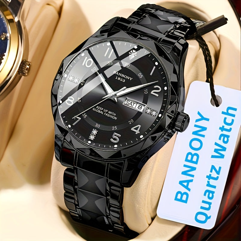 1 New BANBONY Brand Unisex Stainless Steel Quartz Watch with HD Scratch-Resistant Rhinestone-Embellished Simple Digital Round Dial, Luminous Display Date Calendar Battery-Powered Multifunctional Fully Automatic Wristwatch for