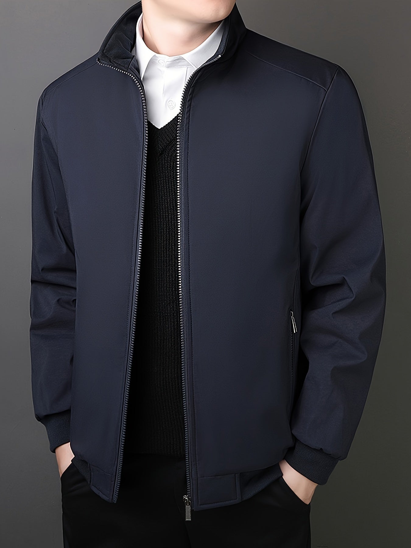 Men's Fleece-Lined Zip-Up Jacket - Casual Stand Collar, Outdoor Sports Coat with Pockets, Machine Washable