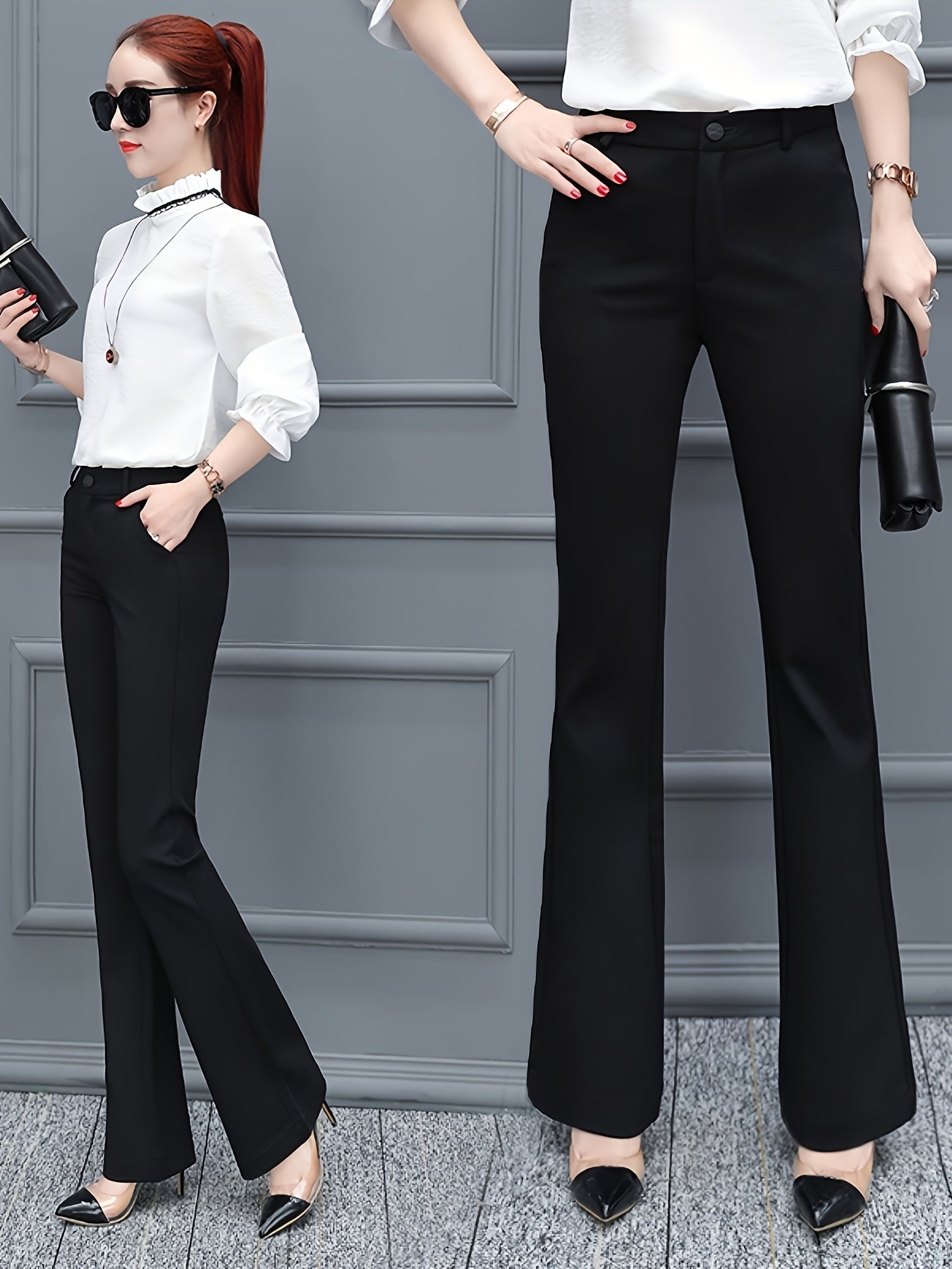 Women's Elegant Black Tailored Pants - High Waist, Straight Leg, Nylon Blend, Perfect for Spring & Fall, Zip Closure, Casual to Semi-Formal Wear, Casual to Formal Wear|Highwaist Trousers|Smooth Texture