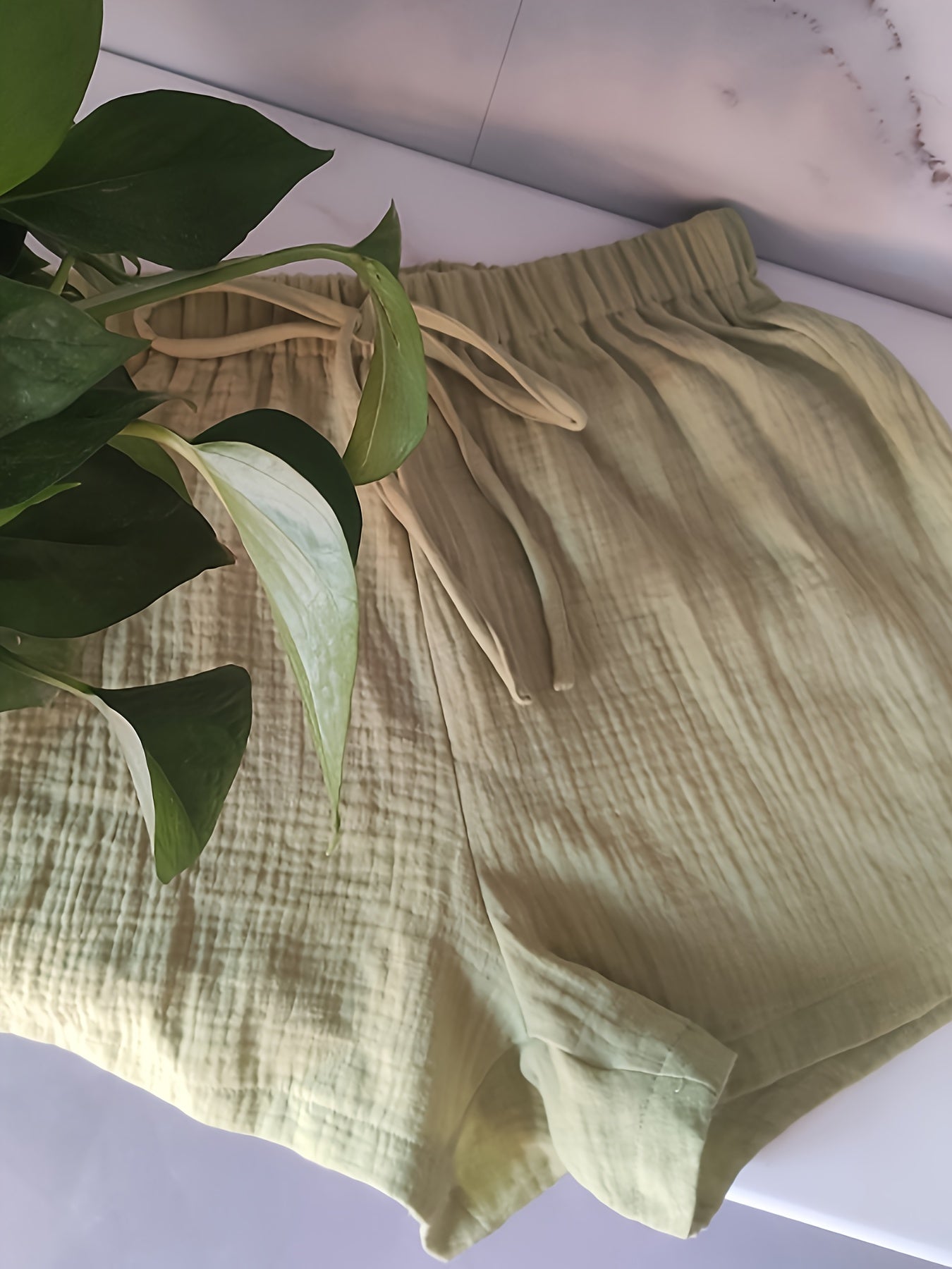 Women's Light Green Double-Layer Crinkle Shorts with Faux Drawstring - Casual, Versatile, and Elegant Design for Spring/Summer/Fall