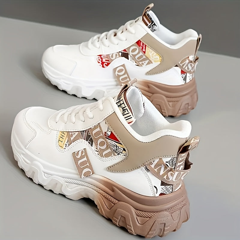Women's Chunky Platform Sneakers - High-Top Lace-Up Shoes with Cushioned PVC Sole, Beige/White/, Synthetic Cover Upper - All-Season Outdoor, Casual, Office Shoes for Everyday Formal Outfits - Lightweight Thick Platform Foot