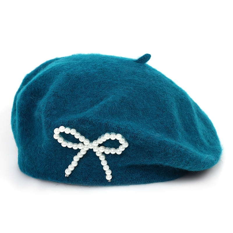 1pc Women's Wool Beret with Pearl Bow - Elegant, Breathable, and Stylish in Multiple Colors (Black, Brown, Gray, Beige, Purple, Pink) for Casual Attire