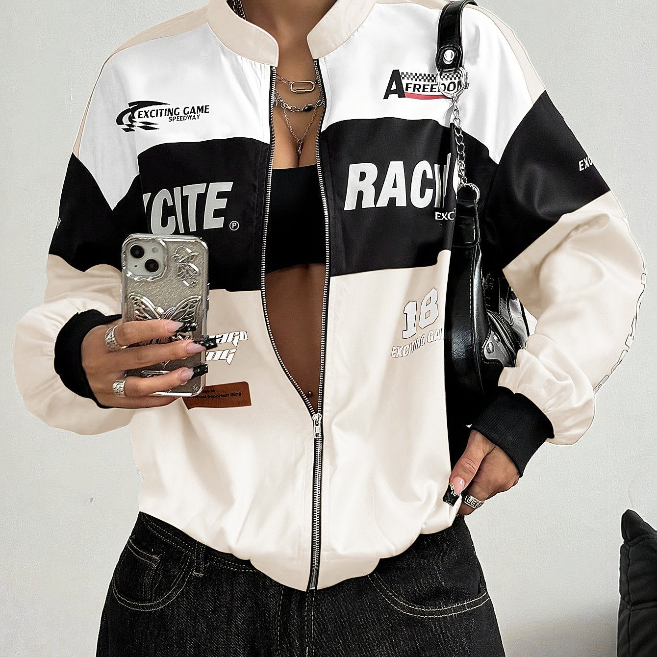 Women'S Elegant Streetwear Jacket - & Color Block Coat with Stand Collar, Loose Fit Long Sleeve Outerwear for Everyday & Formal Outfits - Spring/Fall, Spring Outerwear, Spring Fashion, Stylish Coat, Trendy Coat, Fashion Lover