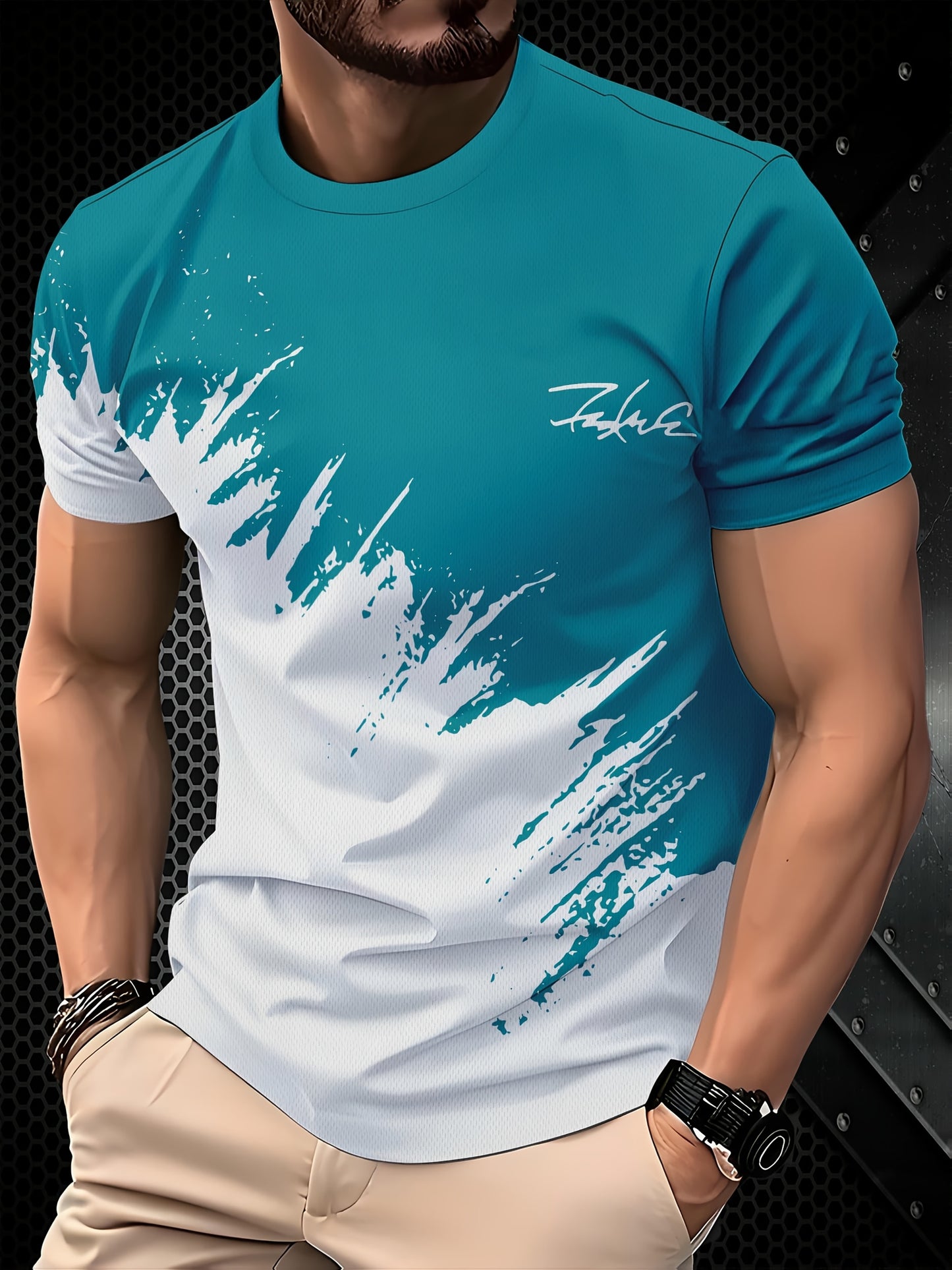 Men's 3D Print Color Block T-Shirt - Casual Short Sleeve, Summer Outdoor Wear, Stretch Polyester Blend, Machine Washable