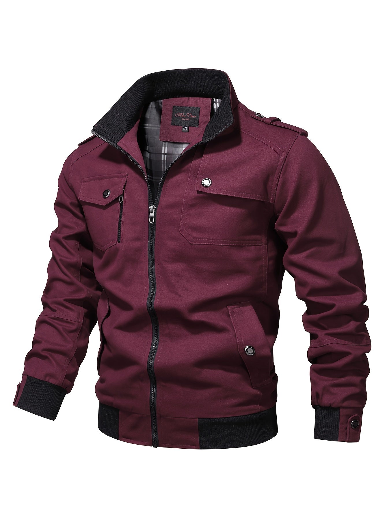 Men's Casual Bomber Jacket, Cotton Stand Collar Windbreaker Jacket With Pockets For Fall Winter