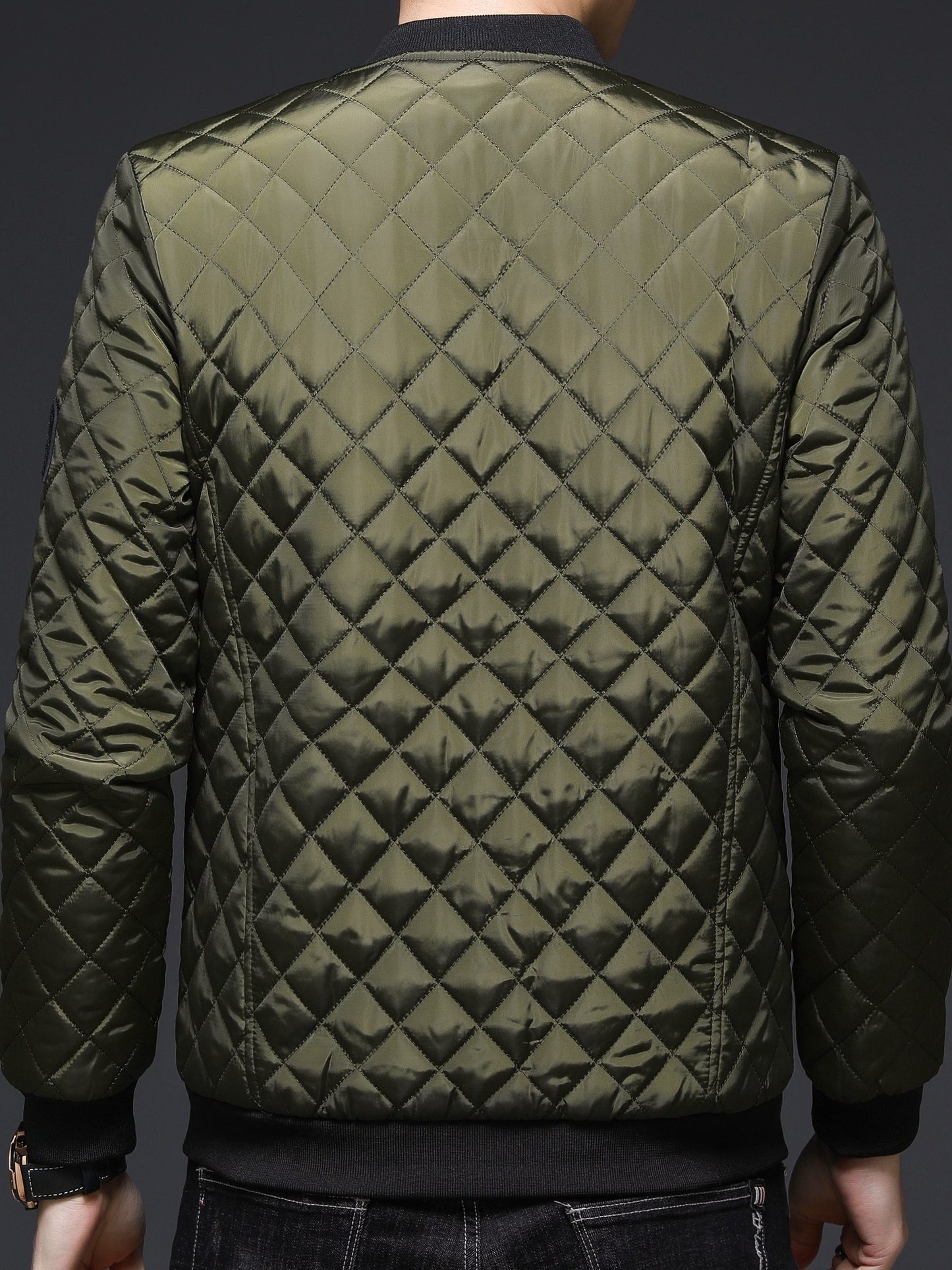 Men's Casual Quilted Zip Up Jacket, Chic Baseball Collar Jacket For Fall Winter