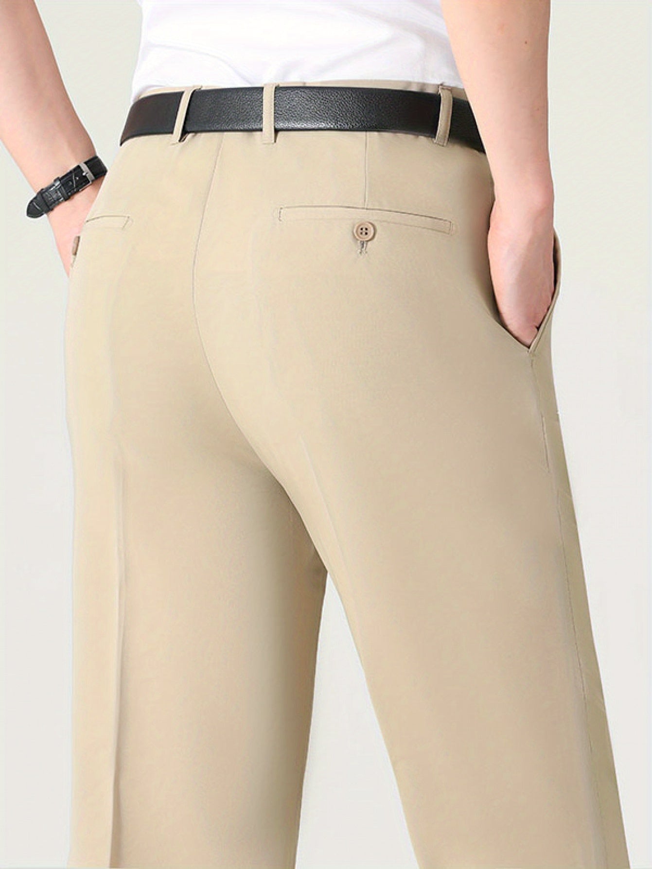 Men'S Solid Color Straight Leg Casual Business Casual Pants, Regular Length, Slight Stretch Polyester Fabric, with Pocket, for Spring/Fall