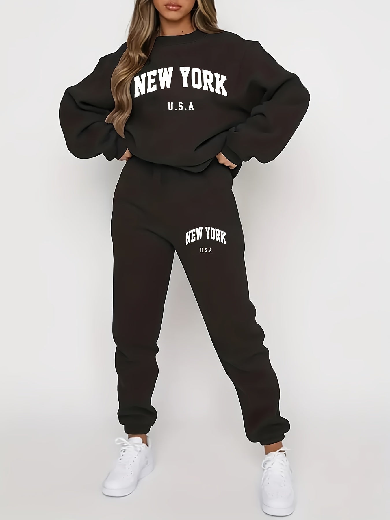 FLS1021WN10 Hoodie with Fleece, European And American Women'S Autumn And Winter Fashion, Printed Casual Sports Two-Piece Set.