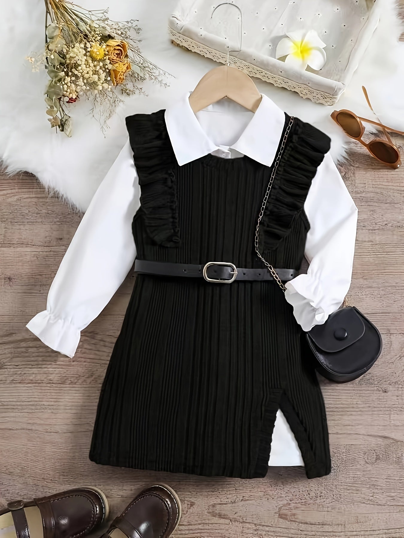Girls 2-piece Trendy & Stylish Outfit, Long Sleeve Button Up Shirt & Sleeveless Ruffle Spliced Knitted Split Side Dress For Spring & Fall Outdoors (Belt Excluded)