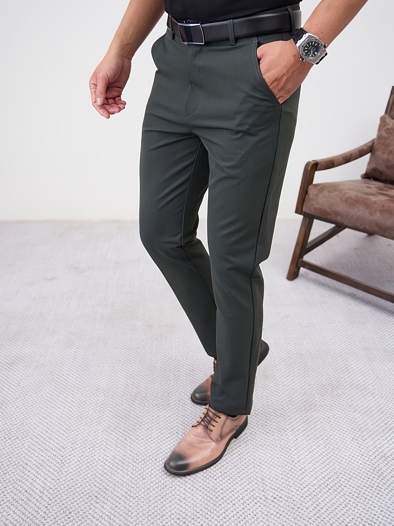 Men'S Casual Solid Color Regular Length Slight Stretch Woven Fabric Pants for Adult