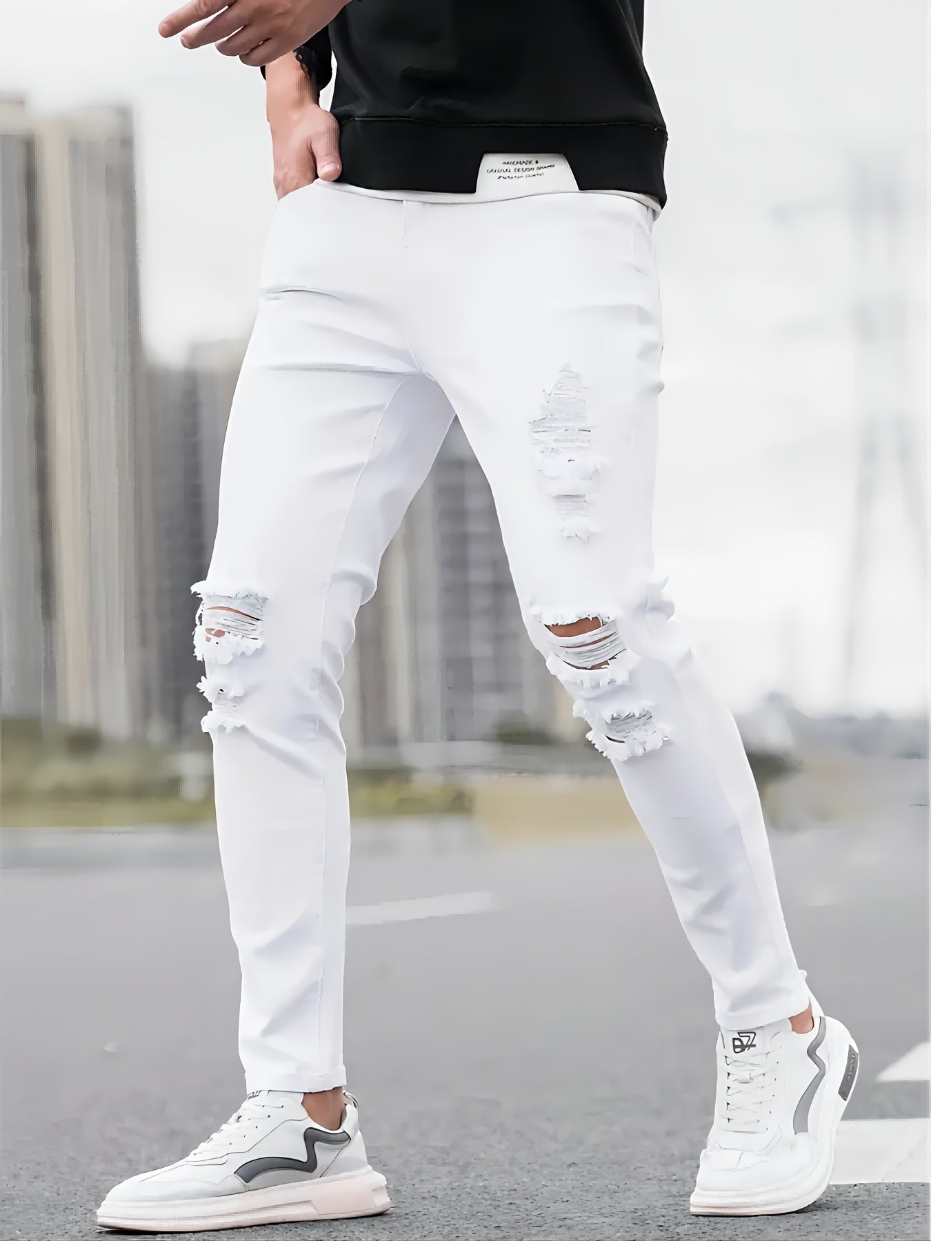 Men's Slim Fit Stretch Denim Jeans - Casual, Breathable & Machine Washable with Ripped Detail