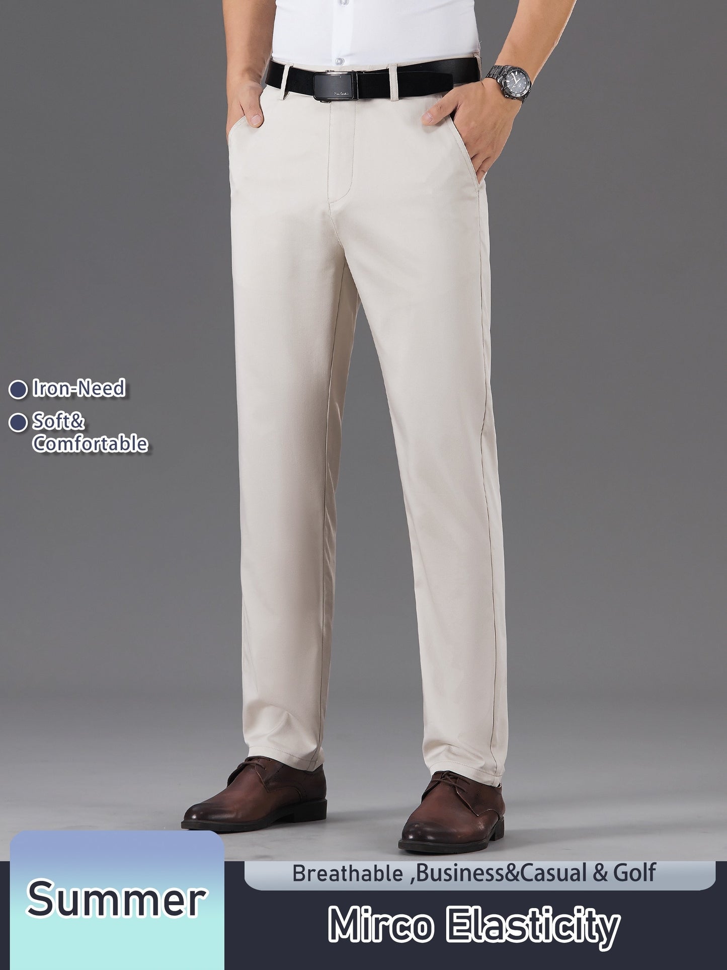 Men's Solid Color Straight Leg Business Style Cotton Blend Pants, Casual Comfy Breathable Outdoor Trousers As Gift