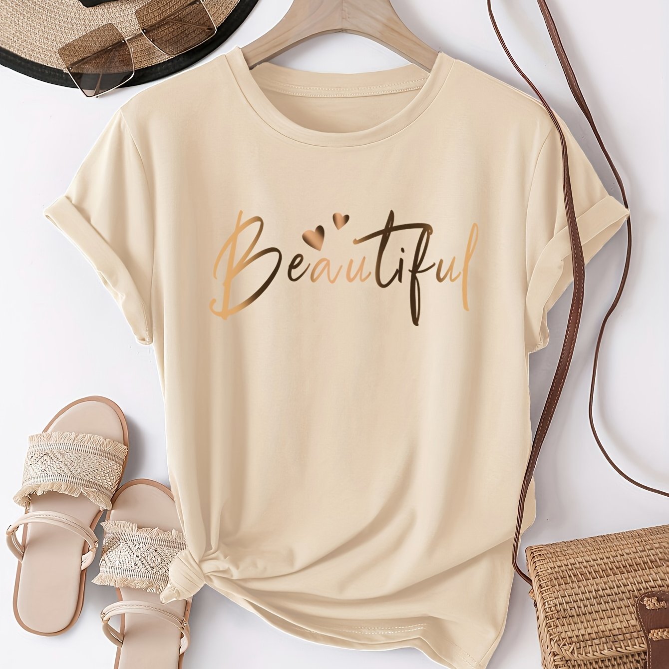 Women's Casual Letter Print T-Shirt - Soft Polyester, Short Sleeve Crew Neck Top for All Seasons, Round Neck, Sports Shirt