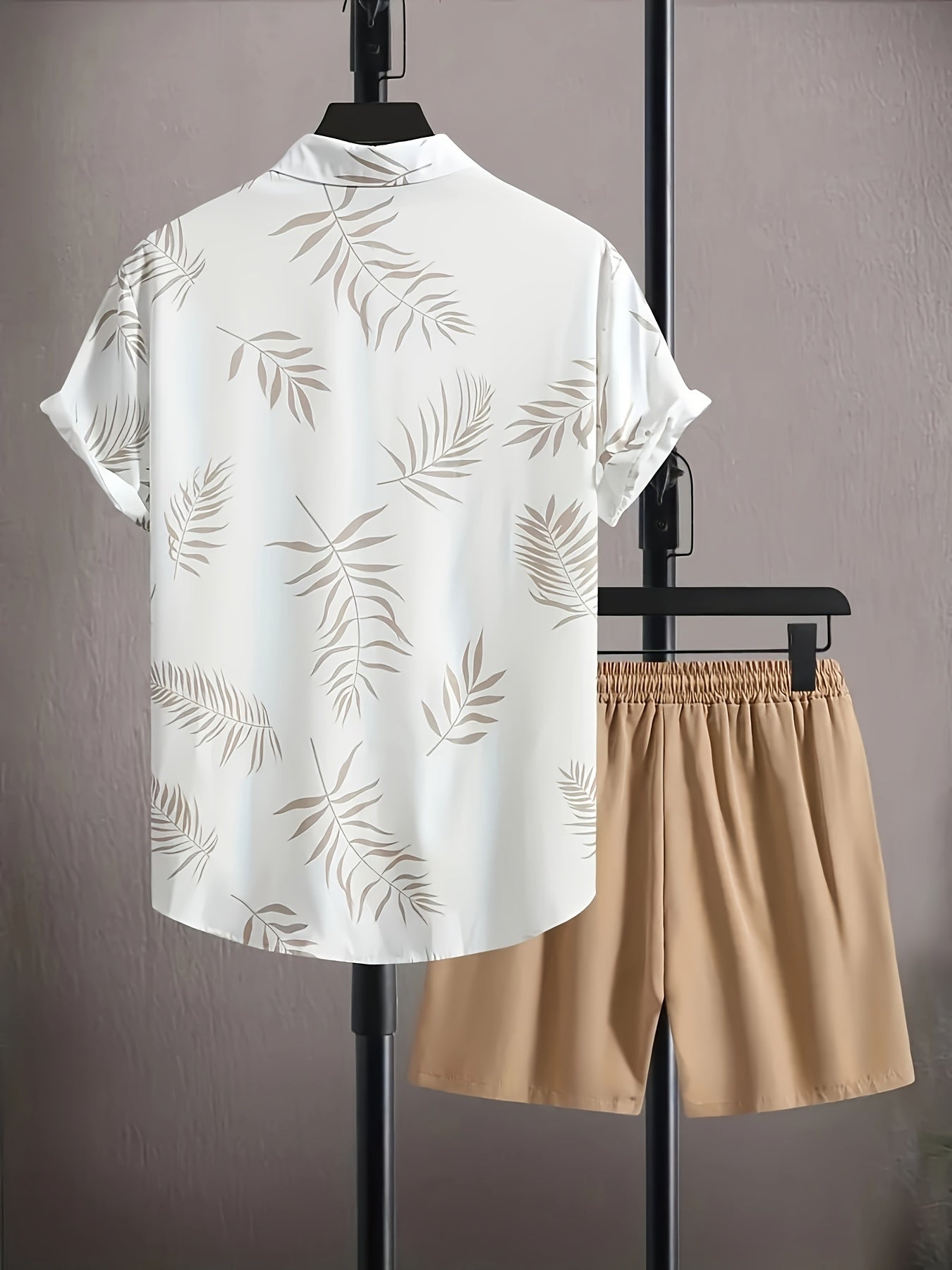 Men'S Casual Two-Piece Summer Outfit - Leaf Print Button-Up Shirt with Drawstring Shorts, Light Brown and White, Polyester, Relaxed Fit, Perfect for Beach or Casual Attire, Beach Attire|Tropical Print|Polyester Fabric