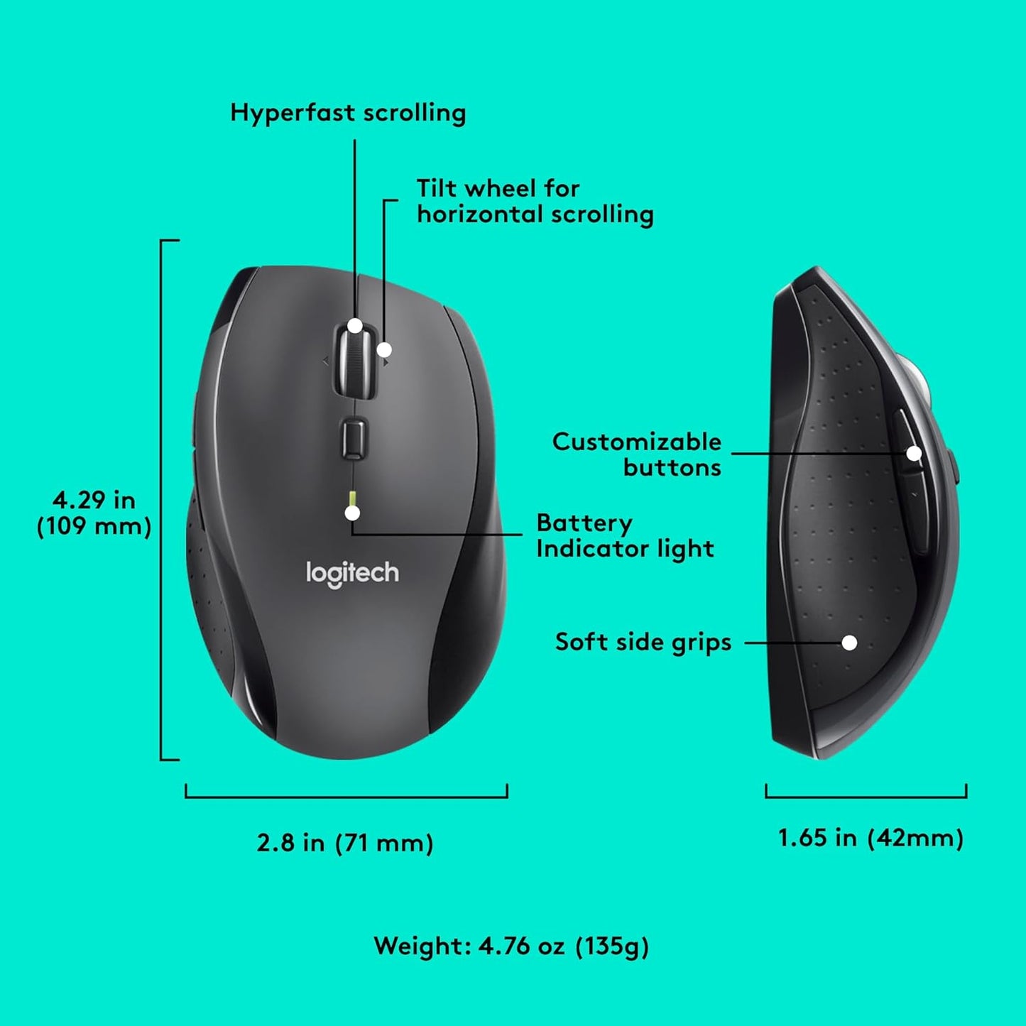Logitech M705 Marathon Wireless Mouse, 2.4 Ghz USB Unifying Receiver, 1000 DPI, 5-Programmable Buttons, 3-Year Battery, Compatible with PC, Mac, Laptop, Chromebook - Black