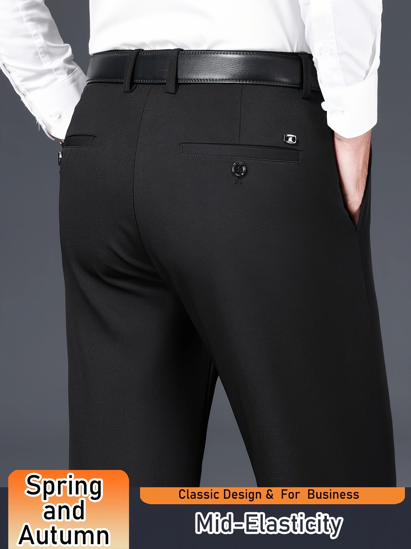 Men's Solid Color Dress Pants, Classic Design Slightly Stretch Formal Dress Pants For Business Occasions, Spring And Fall