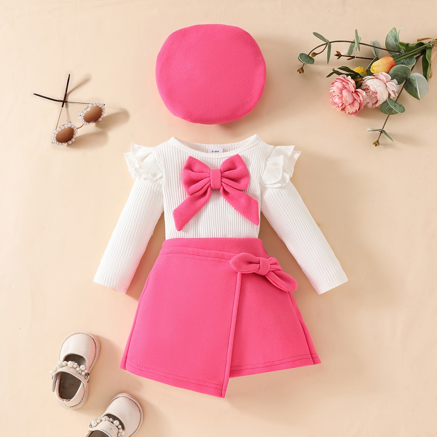 Honey Style Knitted Fabric Crew Neck Long Sleeve T-Shirt with Solid Color Flared Skirt and Beret Set for - Bow Detail Knee High Medium Stretch Fall/Winter Outfit