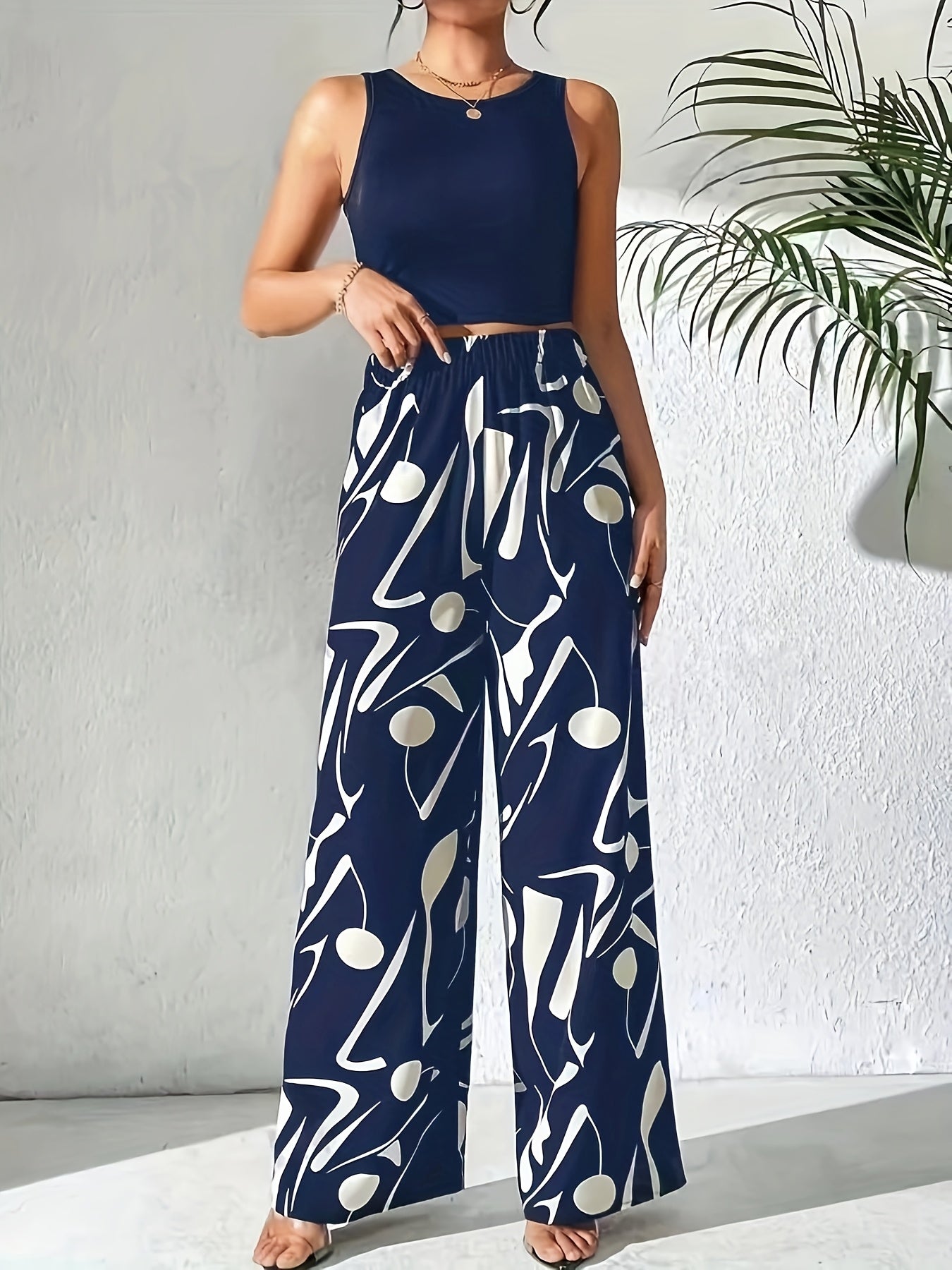 Women’s High-Waisted Wide-Leg Casual Pants with Geometric Print