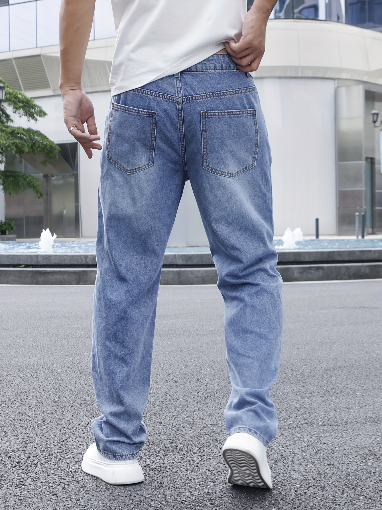 Men's Solid Loose Fit Denim Pants, Spring Fall Casual Trendy Cotton Jeans For Males