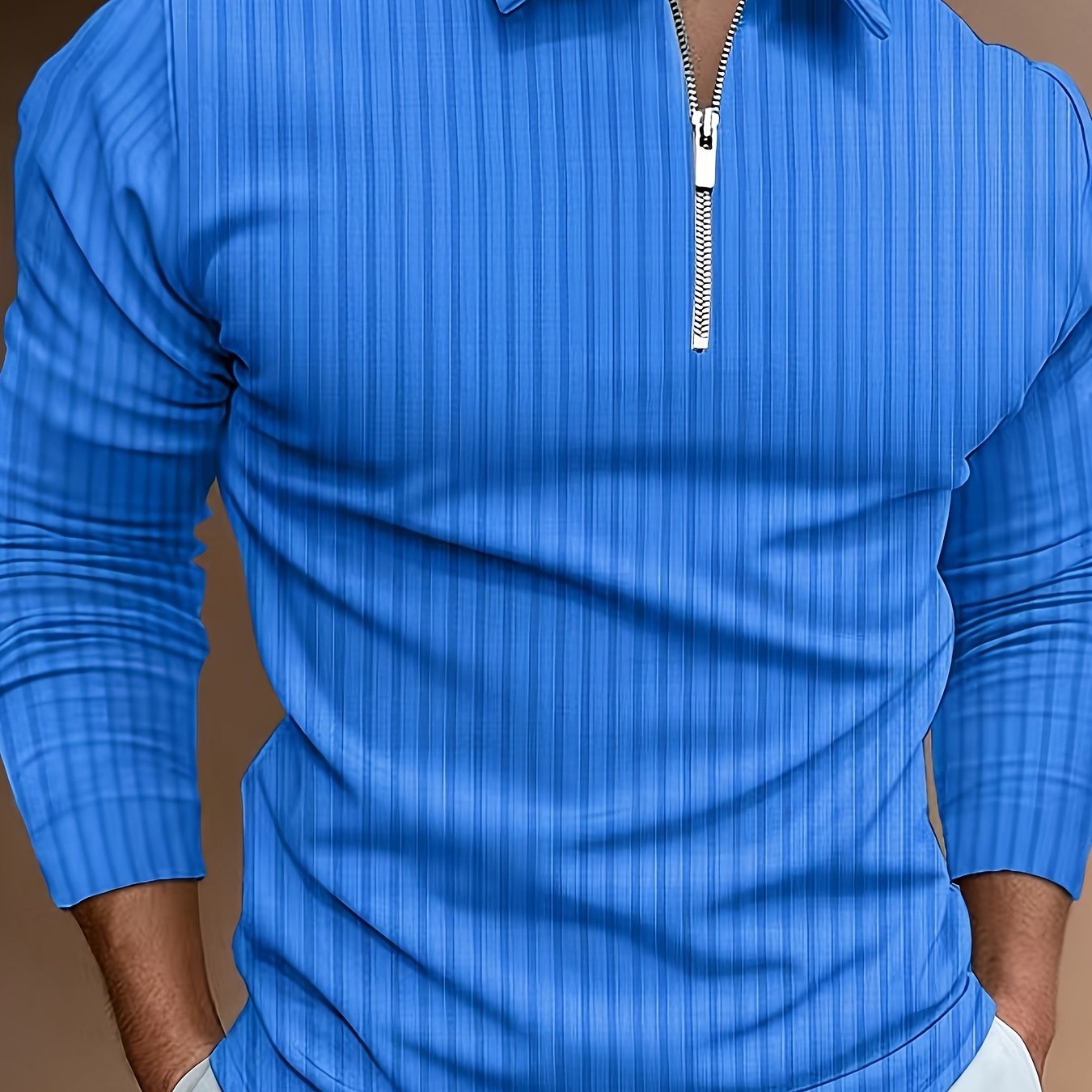 Men's Casual Sports Ribbed Long Sleeve Zipper Lapel Golf Shirt, Spring And Fall
