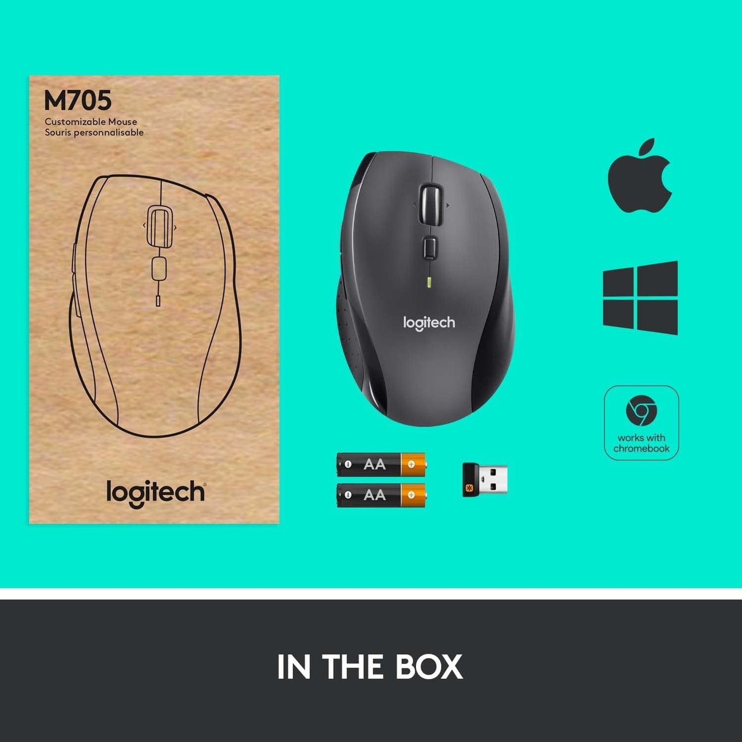 Logitech M705 Marathon Wireless Mouse, 2.4 Ghz USB Unifying Receiver, 1000 DPI, 5-Programmable Buttons, 3-Year Battery, Compatible with PC, Mac, Laptop, Chromebook - Black