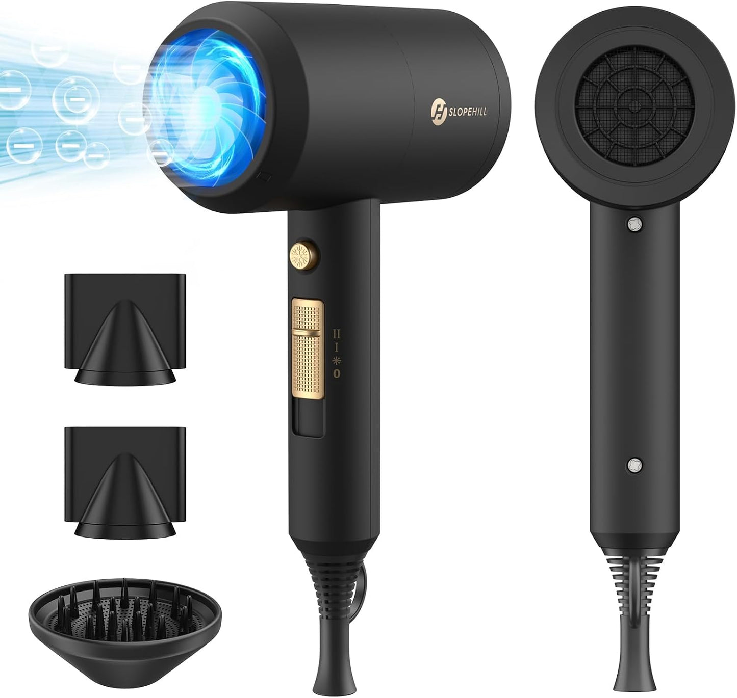 Slopehill Professional Ionic Hair Dryer, Powerful 1800W Fast Drying Low Noise Blow Dryer with 2 Concentrator Nozzle 1 Diffuser Attachments for Home Salon Travel