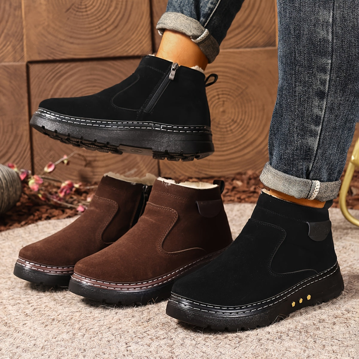 Men's Winter Ankle Boots - Slip-On Snow Boots with Fleece Lining & Thick PU Sole, Brown/Black - Slip-Resistant Traction Tread - Warm Thermal Boots for Ice, Snow, and Cold Weather - Ideal for Everyday, Formal, or winter activi