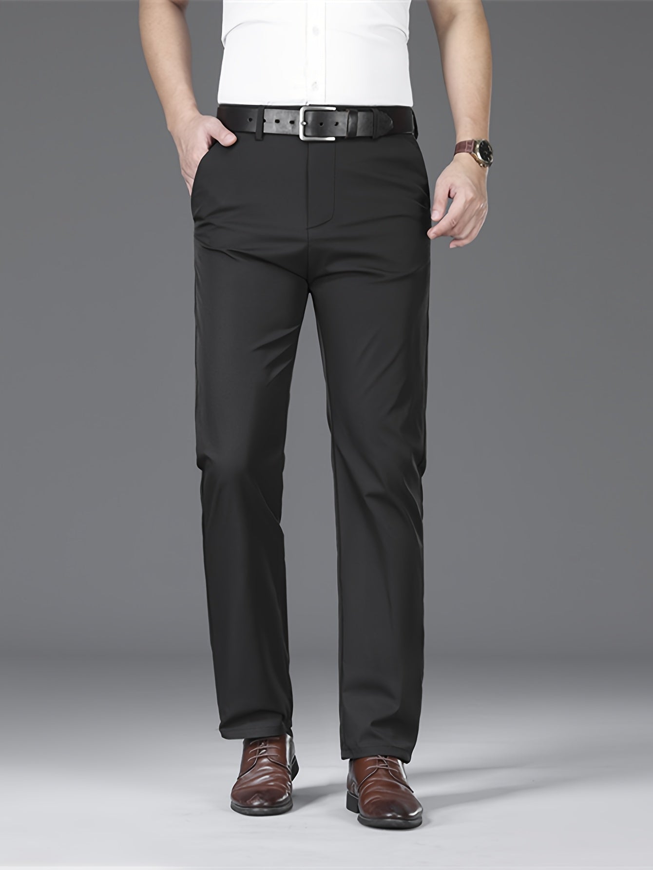 Men's Lightweight Summer Casual Pants, Slim Straight Fit, Polyester, Mid-Rise, Built-in Zipper, Regular Length - Ideal for Casual Attire