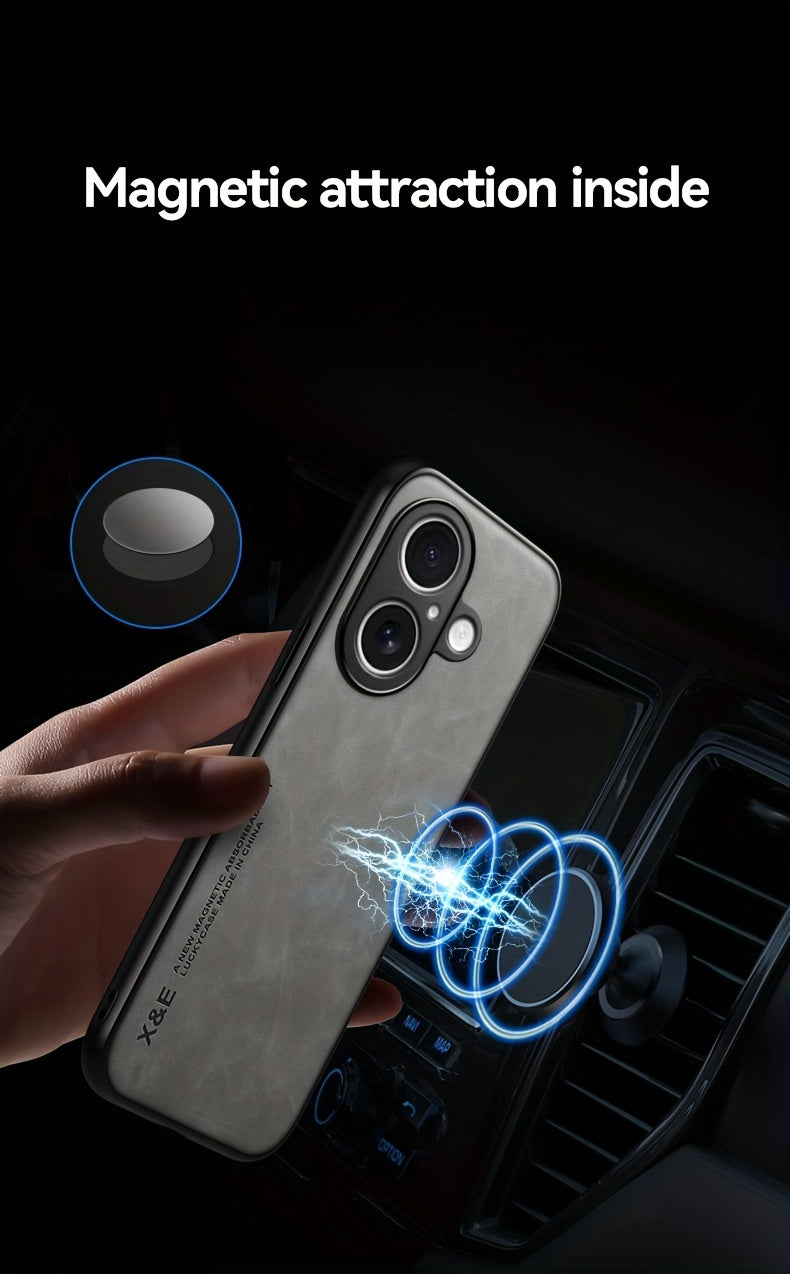 Premium Faux Leather Phone Case - with Built-in Magnetic Iron Sheet, Vehicle magnet, Sheepskin Texture, Ultra-Thin Design for iPhone 16, for iPhone 16 Plus, for iPhone 16 Pro, for iPhone 16 Pro Max