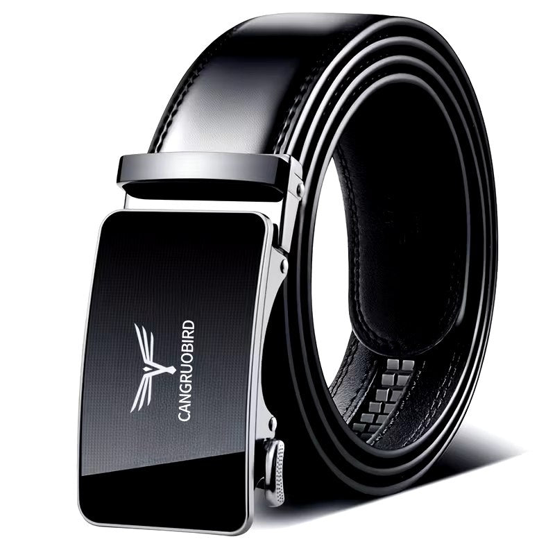 Black Leather Belt – Gold Logo Geometric Buckle - ayq