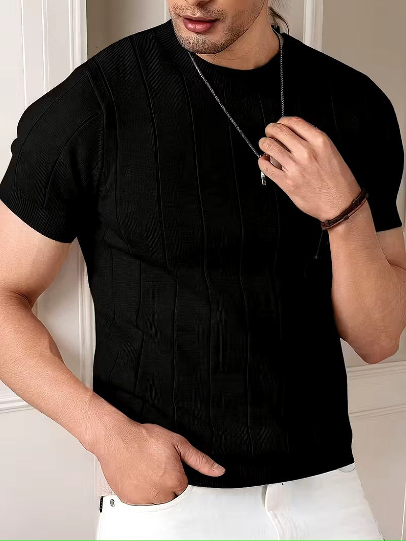 Men’s Black Textured Knit T-Shirt – Premium Casual Crew Neck Summer Shirt - ayq