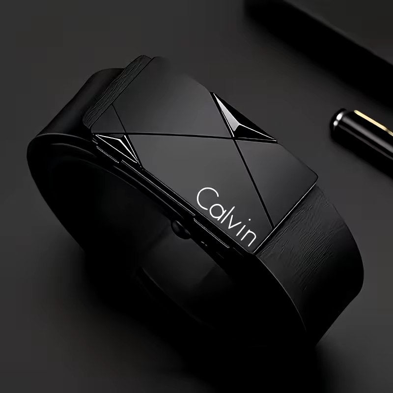 Calvin Klein Black Belt – Geometric Buckle Designer Accessory - ayq