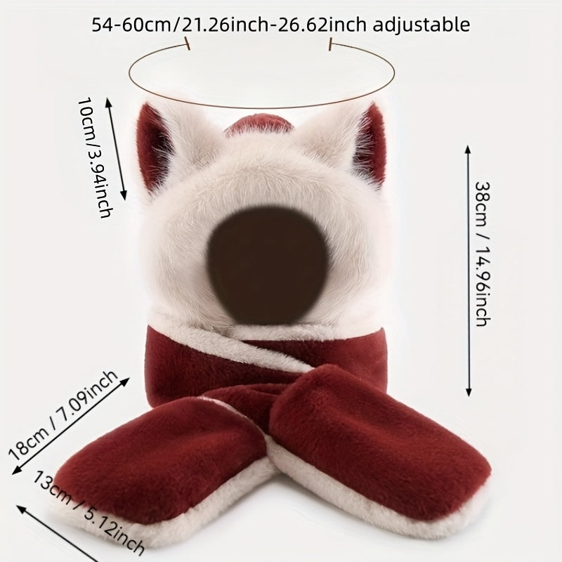 Women's Fox Ear Hat 3-in-1 with Scarf & Gloves - Winter Warm Windproof Cute Fox Ears, Lightweight Jacket-Compatible for cold Weather, Hand Washable Maomao Hat for, New Year & Holiday Outfits (Non-Stretch)