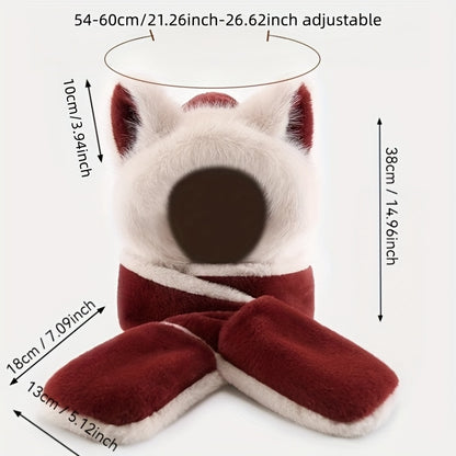 Women's Fox Ear Hat 3-in-1 with Scarf & Gloves - Winter Warm Windproof Cute Fox Ears, Lightweight Jacket-Compatible for cold Weather, Hand Washable Maomao Hat for, New Year & Holiday Outfits (Non-Stretch)
