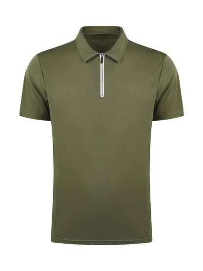 [Golf Apparel] Men's Classic White Shirt - Casual Summer Style with Short Sleeves, Zipper Collar, and Stretch Polyester Fabric - Perfect for Streetwear & Golf