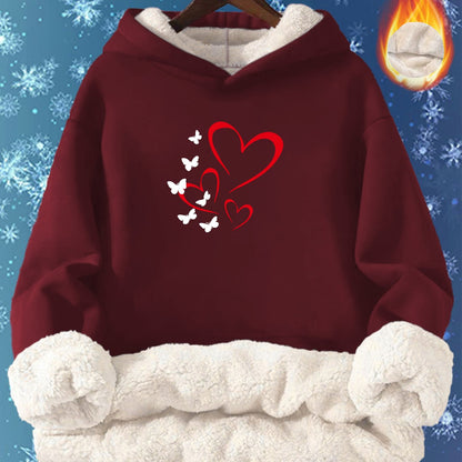 Women'S Cozy Fleece-Lined Hoodie with Heart & Butterfly Print - Long Sleeve, Warm Pullover for Fall & Winter, Machine Washable, Soft, Casual Outdoor Wear, & Camping, All-Season Comfort, Casual Winter Wear | Cozy Hoodie | Soft