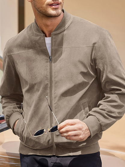 Men's Casual Retro-Inspired Lightweight Zip-Up Jacket - Solid Color, Machine Washable with Baseball Collar