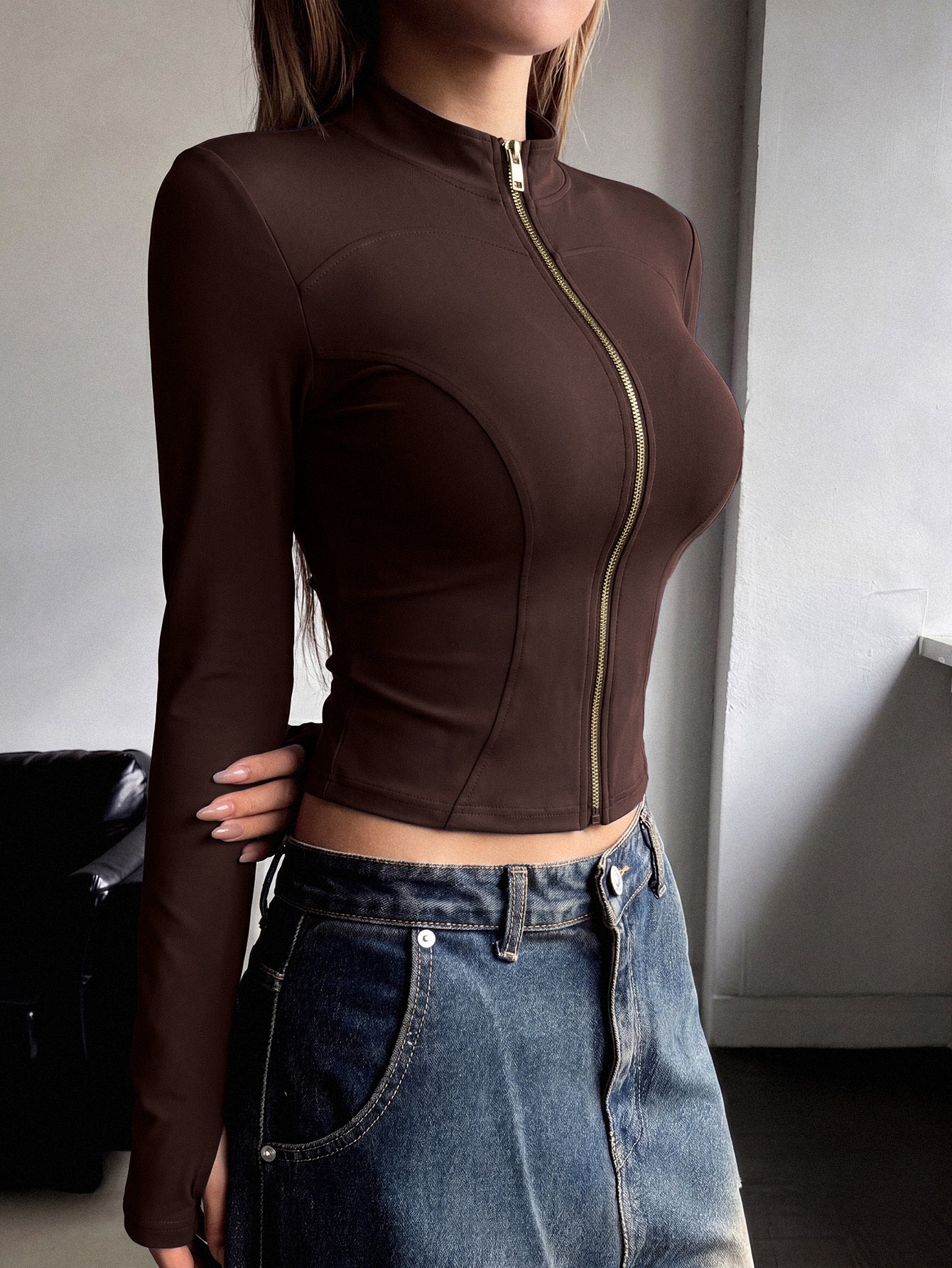 Women’s Athletic Long Sleeve Jacket with Thumb Loop, Stretchy Fit