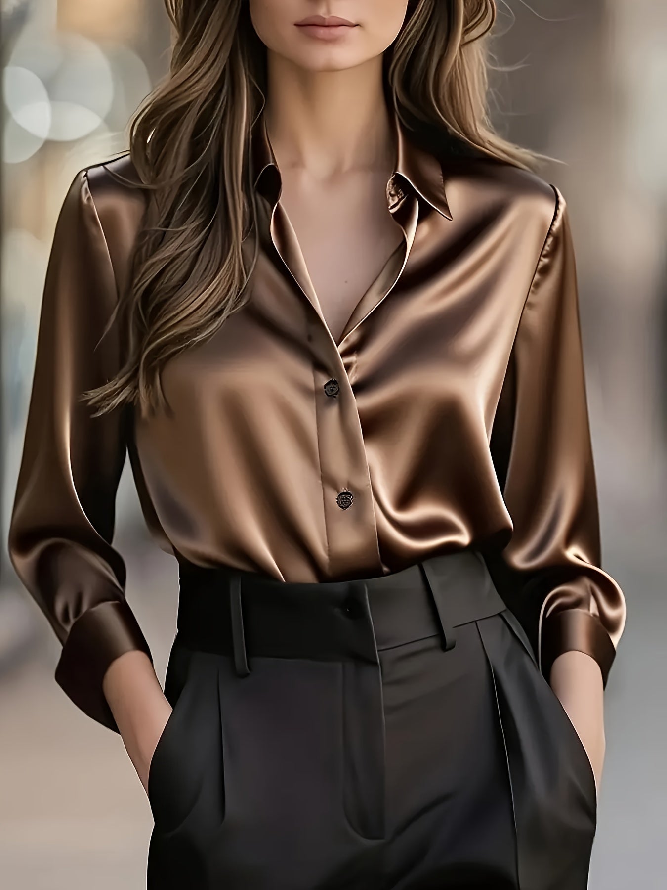 Women's Elegant All-Season Glossy  Shirt Jacket - Collar -Front Closure, Solid Brown (Copper/Black) - Tailored Blazer for, Office & Formal Events - Machine Washable Non-Stretch Professional Outerwear