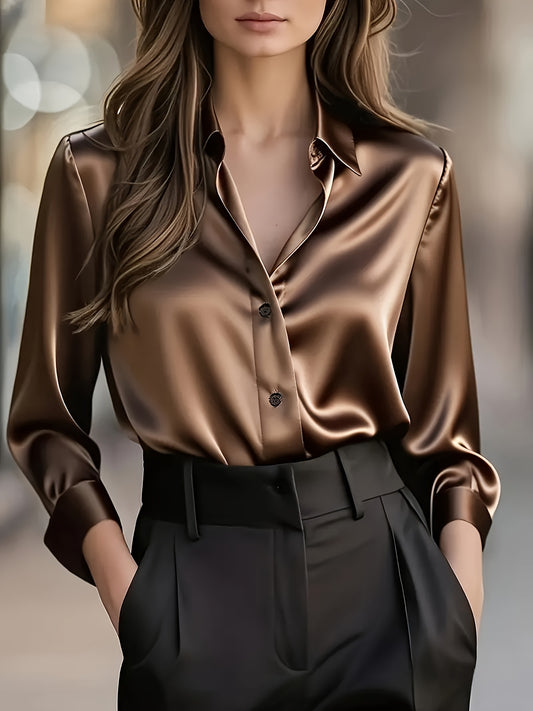 Women's Elegant All-Season Glossy  Shirt Jacket - Collar -Front Closure, Solid Brown (Copper/Black) - Tailored Blazer for, Office & Formal Events - Machine Washable Non-Stretch Professional Outerwear