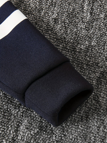 DONABEBE Boys' 2pcs Winter Hooded Jacket & Pants Set - Navy Blue/White Striped Full-Zip Thick Warm Outfit, Casual Playwear & Everyday Outfits for Boys, Easy Care, Perfect for Outdoor, Winter Jacket And Pants For Boys, Winter