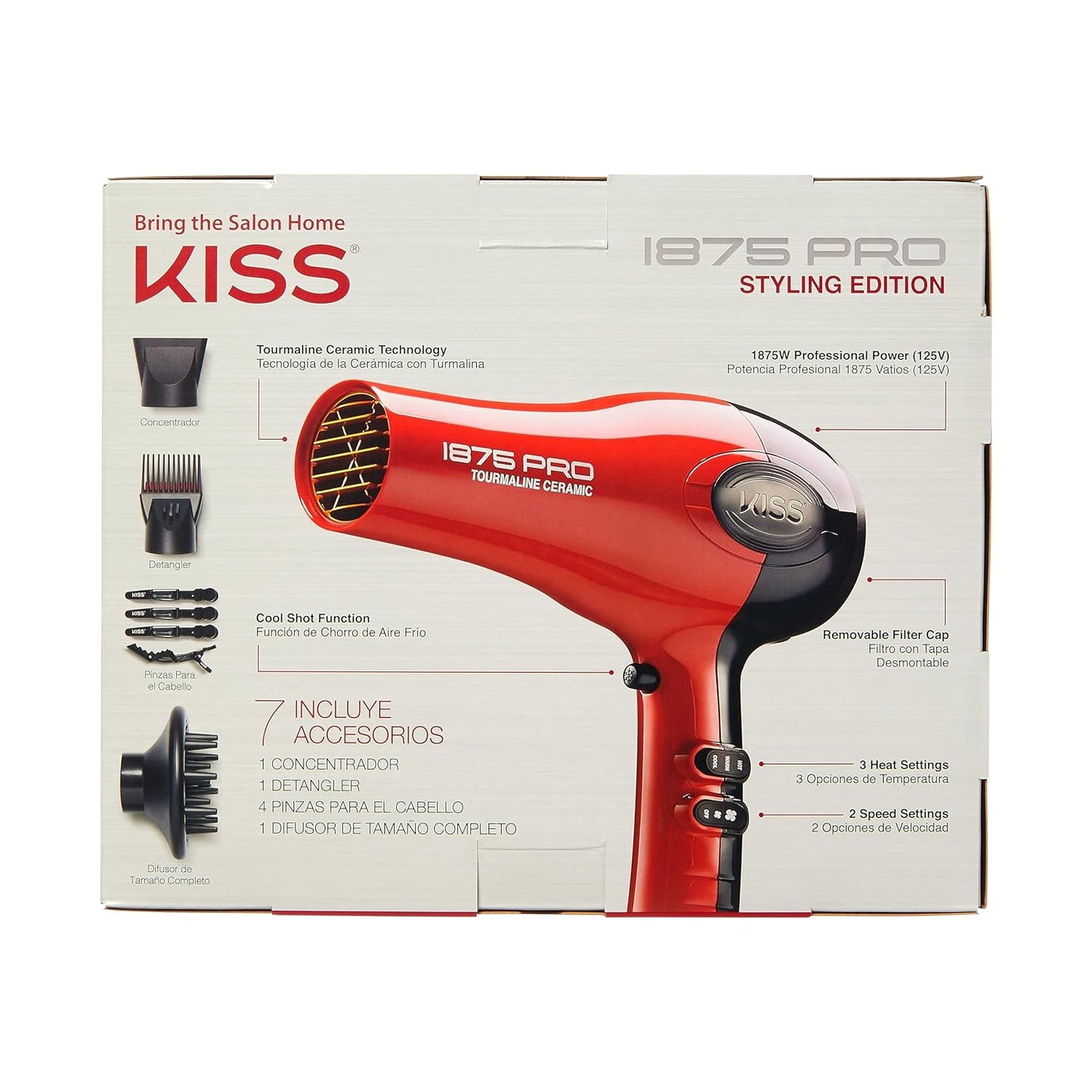 KISS 1875 Watt Pro Tourmaline Ceramic Hair Dryer, 3 Heat Settings, 2 Speed Slide Switch, Cool Shot Button, 2 Detangler Combs, 1 Concentrator, 1 Diffuser, Removable Filter Cap & 4 Sectioning Clips