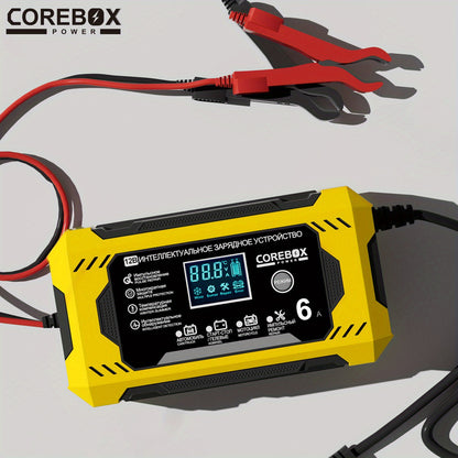COREBOX EU Plug 12V 6A Smart Battery Trickle Charger 12V Battery Maintainer Battery Charger with LCD Display for Car Truck Motorcycle Lawn Mower Marine Lead Acid Charge, Without Battery