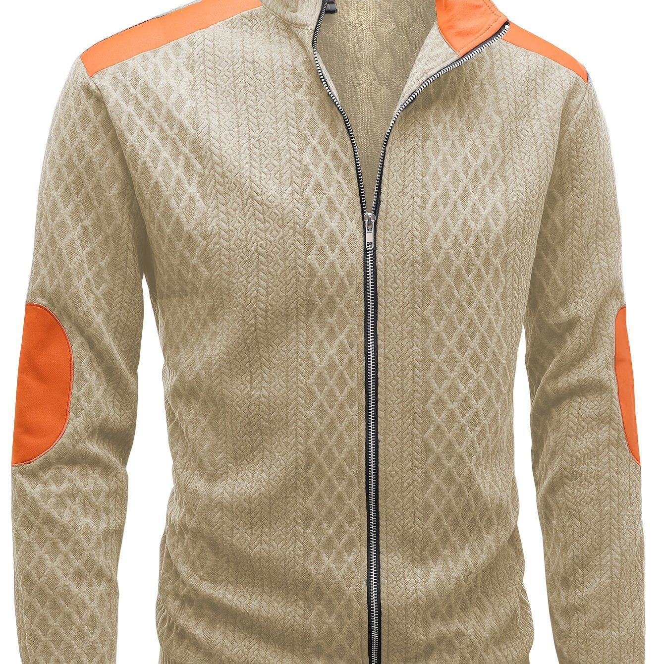 Men's Beige & Orange Contrast Full-Zip Jacket - Winter Warmth Loose-Fit Tailored Coat with Stand Collar, Zippered Pockets & Full-Zip Closure, Machine Washable Casual Outerwear for Men (Beige/Orange) - Ideal for Fall and Winte