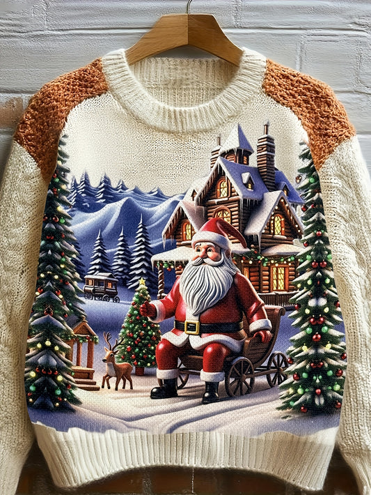 Women's 2025 Winter Knitted Christmas Sweater: Santa Claus Print and Shoulder Paneling - Cozy Sweater, Warm Holiday Fashion for Holiday Parties, Christmas Gift for Women (Loose Fit)