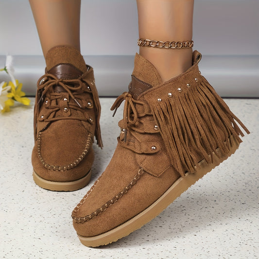 Women'S Fashion Solid Color Tassel and Rivet Chunky Sole Anti-Slip Soft Sole Chelsea Boots, Round Toe Lace-Up Zipper Western Cowboy Boots, Casual All-Season Comfort Flat Heel Dress Boots with Superfine Fiber Upper/Inner & Rub