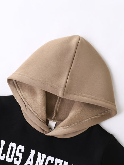 2pcs Boys' Autumn/Winter Fleece-Lined Hooded Sweatshirt and Pants Set, Simple Letter Print Fashion Classic Outfit for Outdoor Sports and Casual Wear, 100% Polyester Knit Stretch Fabric, Ideal Gift Choice for Kids, Perfect for