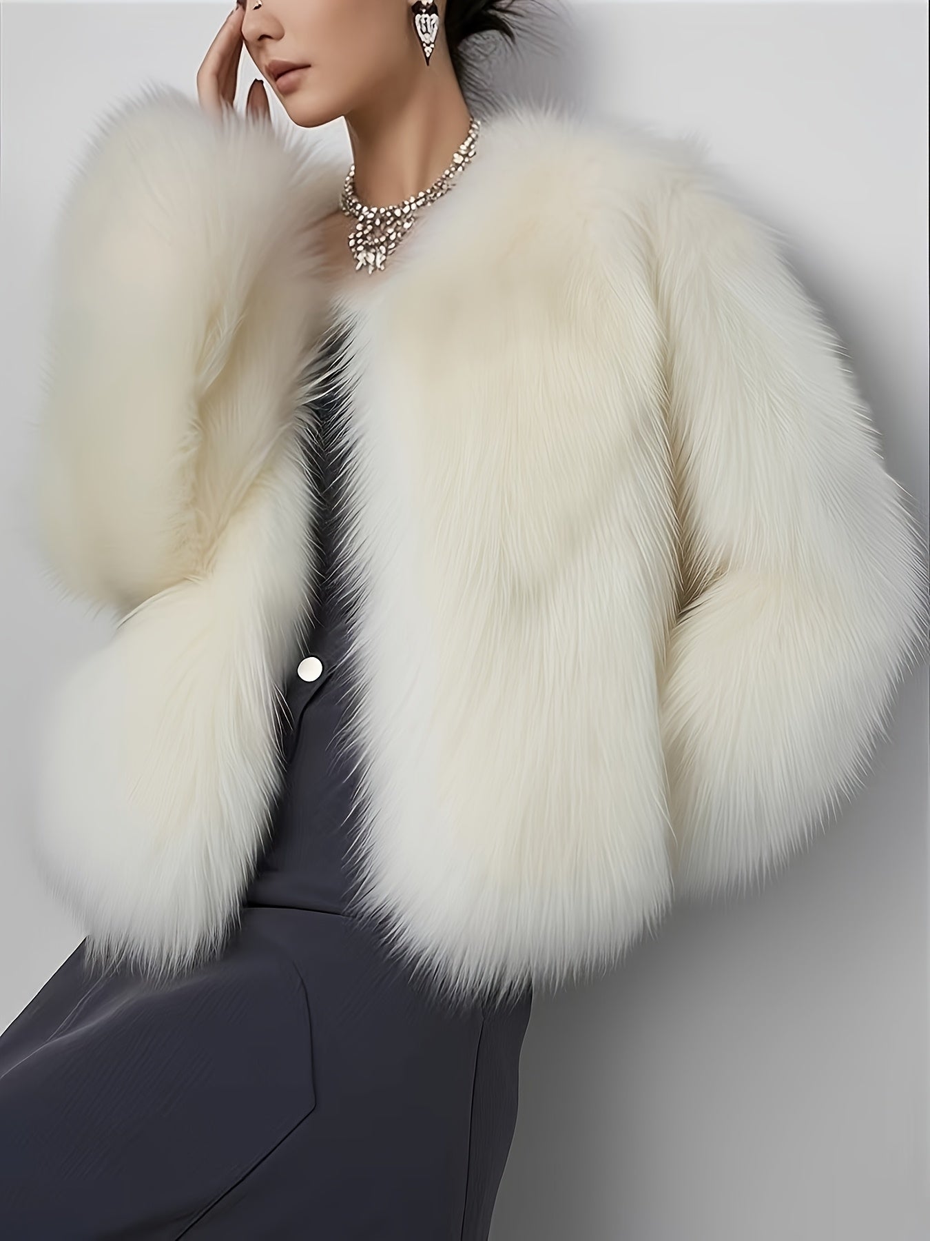Women's Elegant White Fake Fur Coat - Winter Jacket with Fluffy Collar, Machine Washable Cold Weather Outerwear for Formal & Everyday Events, Luxury Non-Stretch Coat for Women, Ladies Winter Coats, Seasonal Fashion, Sophistic
